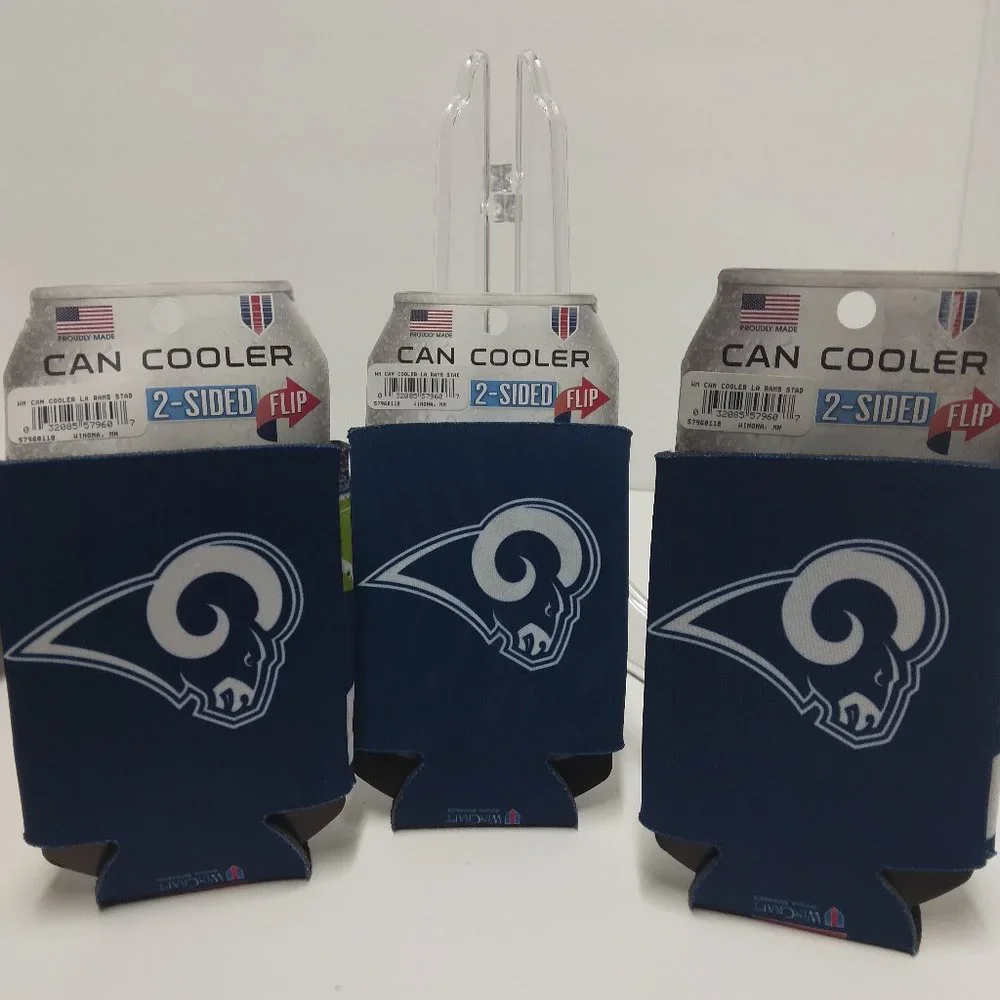 New Los Angeles Rams NFL‎ Can Cooler 2 Sided Flip Stadium Design Set of 3 Koozie